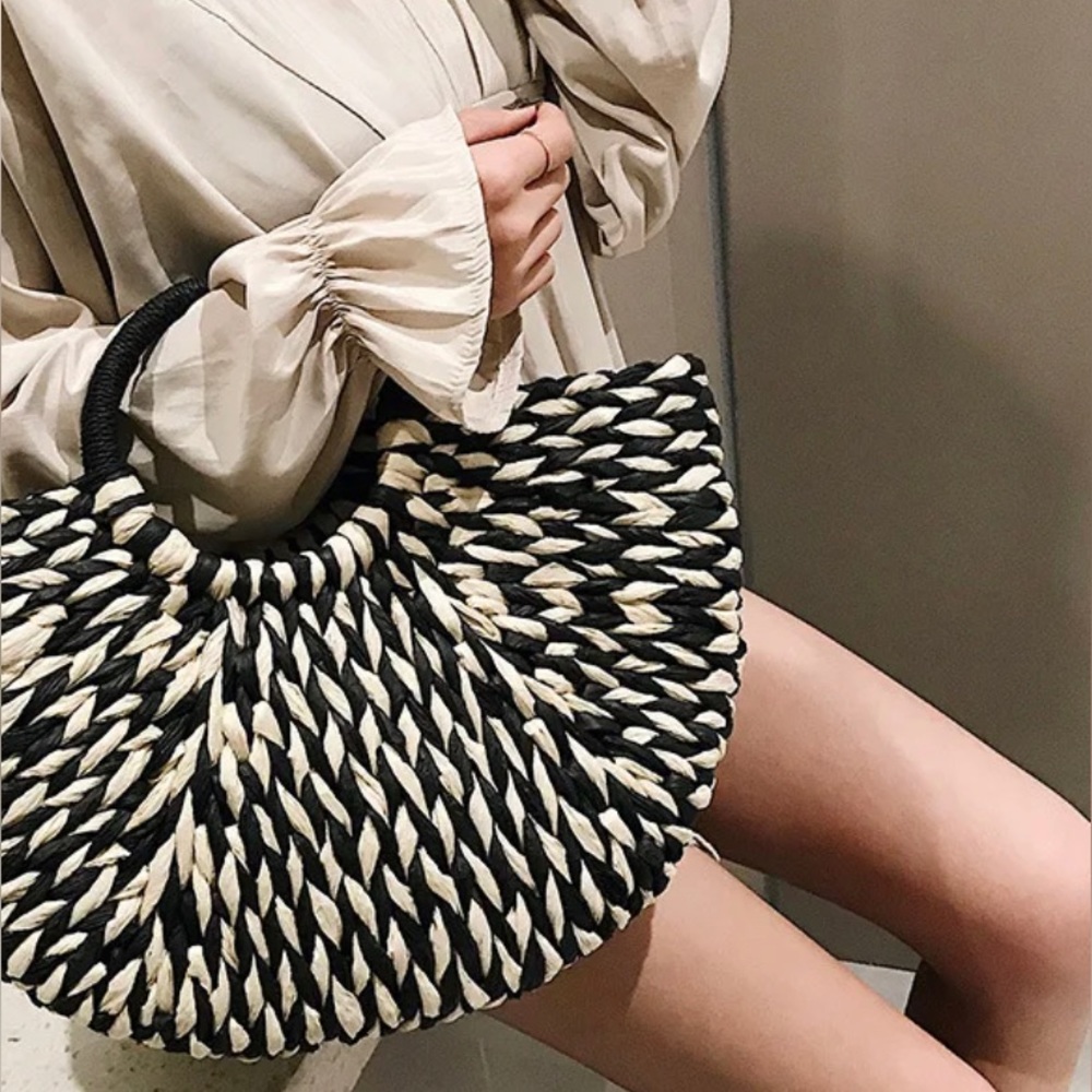 Round Straw Handbag, Summer Beach Tote, Top Handle Purse, Hobo Bag, Woven Bag